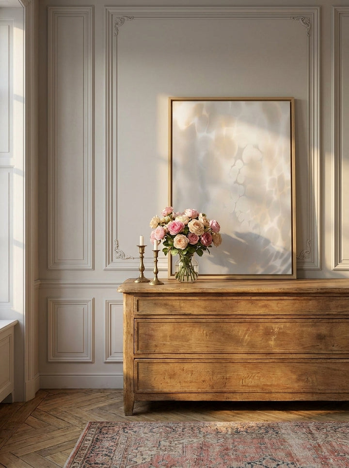 Canvas wall art with a natural timber surround standing on a sideboard in a Parisian bathroom