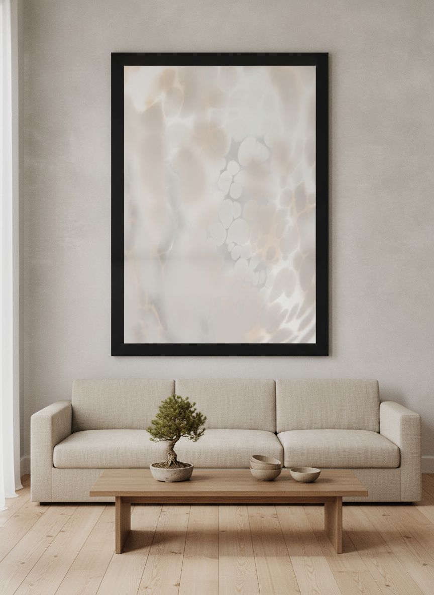 Oversized statement modern wall art print styled on the wall in a warm Japandi living room