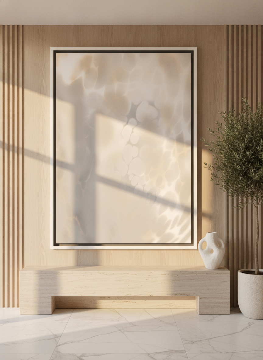 Oversized statement canvas wall art with a white surround styled on the wall in a luxe living room