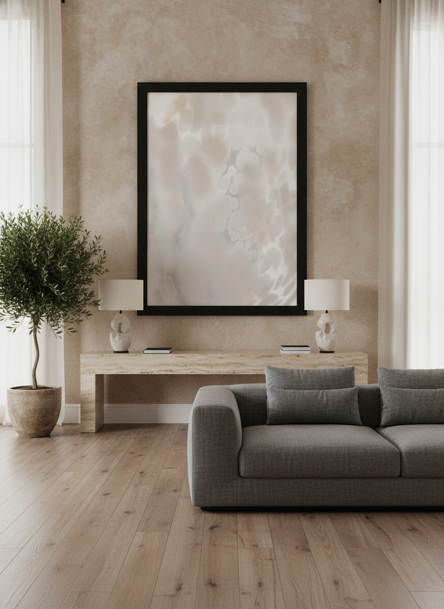 Oversized statement modern wall art print styled on the wall in a luxe living room