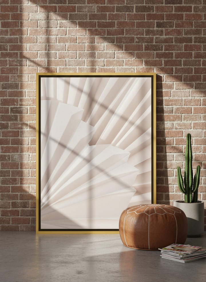 Canvas wall art with a gold leaf surround leaning against the wall in an industrial loft living room