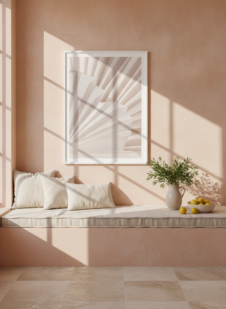 Modern wall art print styled on the wall in a Mediterranean living room