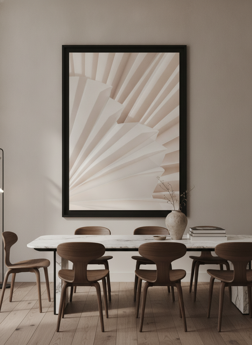 Oversized statement modern wall art print styled on the wall in a luxe dining room
