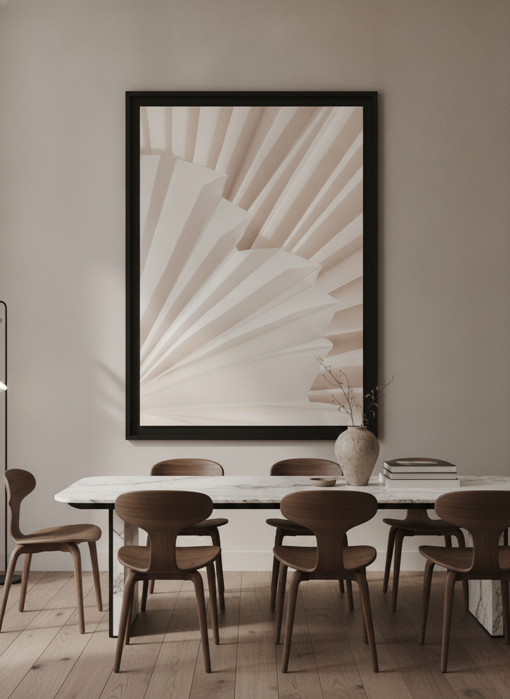 Oversized statement modern wall art print styled on the wall in a luxe dining room