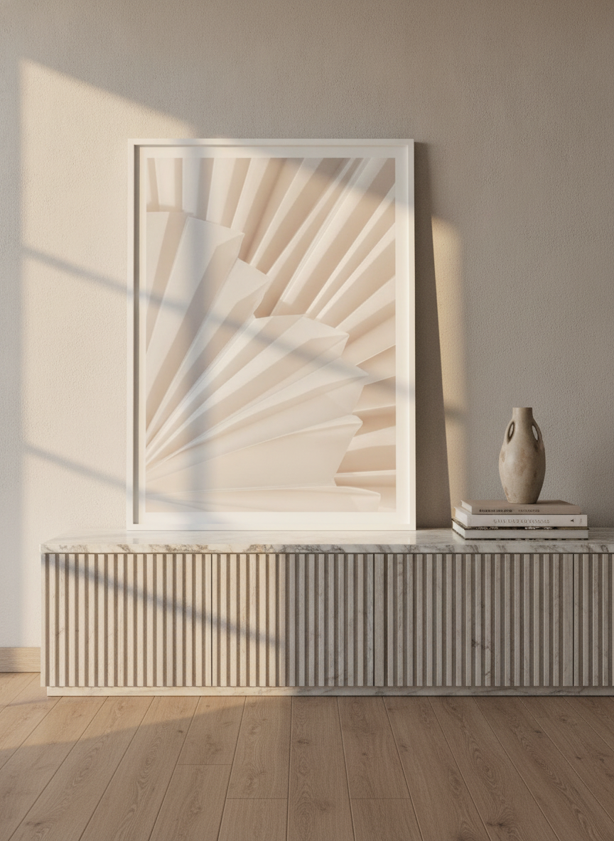 Modern wall art print standing on a sideboard in a luxe bathroom