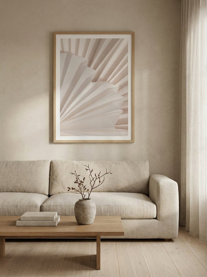 Modern wall art print styled on the wall in a warm Japandi living room