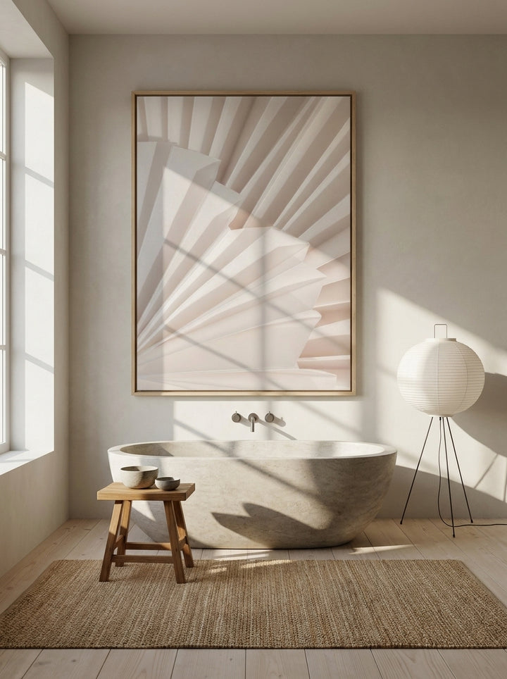 Oversized statement canvas wall art with a natural timber surround styled on the wall in a warm Japandi bathroom