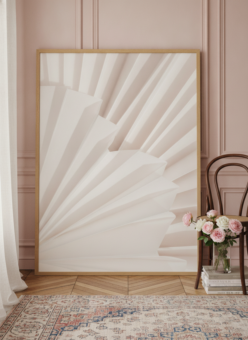 Modern wall art print leaning against the wall in a Parisian home office