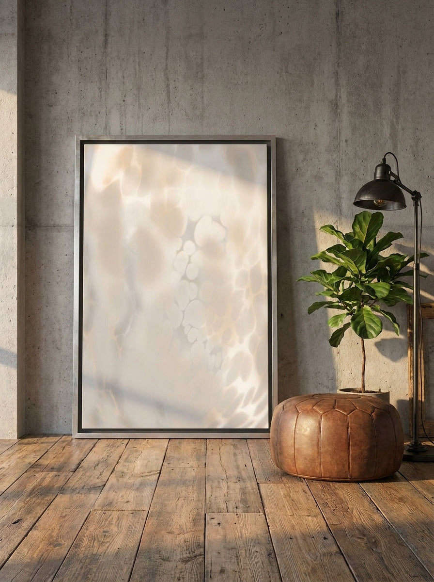 Oversized statement canvas wall art with a silver leaf surround leaning against the wall in an industrial loft living room