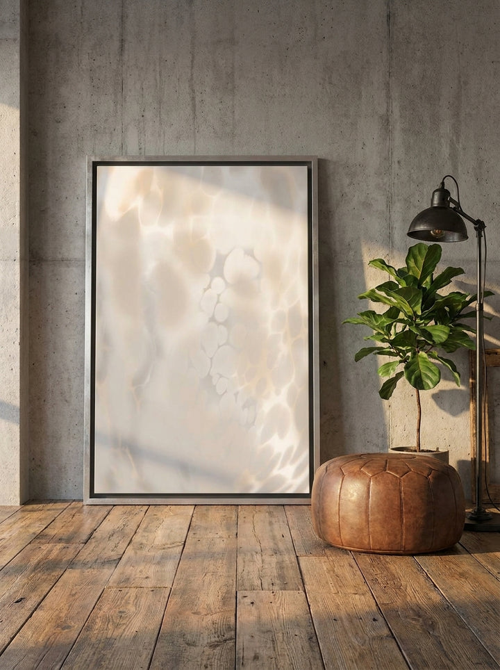Oversized statement canvas wall art with a silver leaf surround leaning against the wall in an industrial loft living room