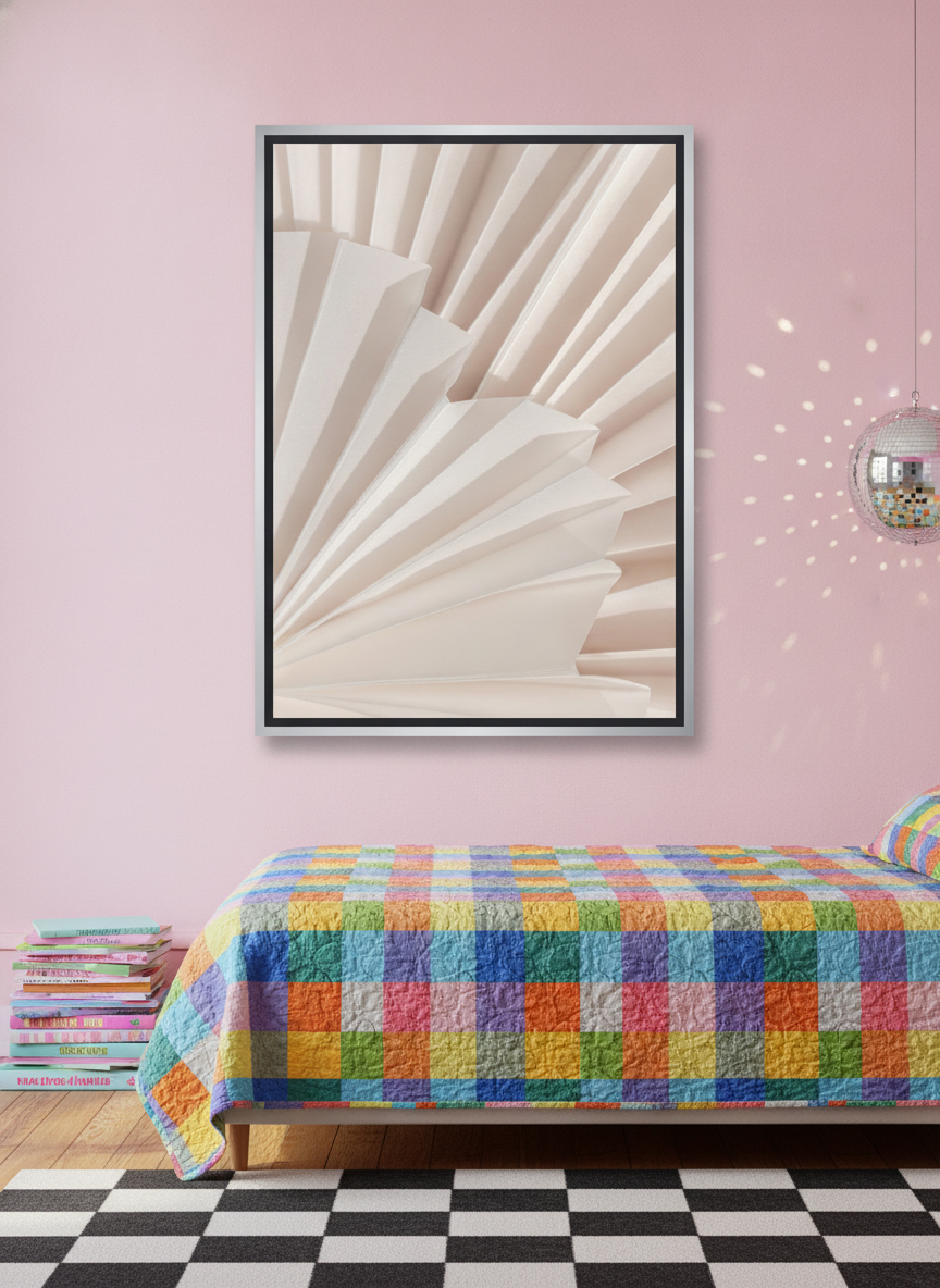Canvas wall art with a silver leaf surround styled on the wall in a colourful eclectic bedroom