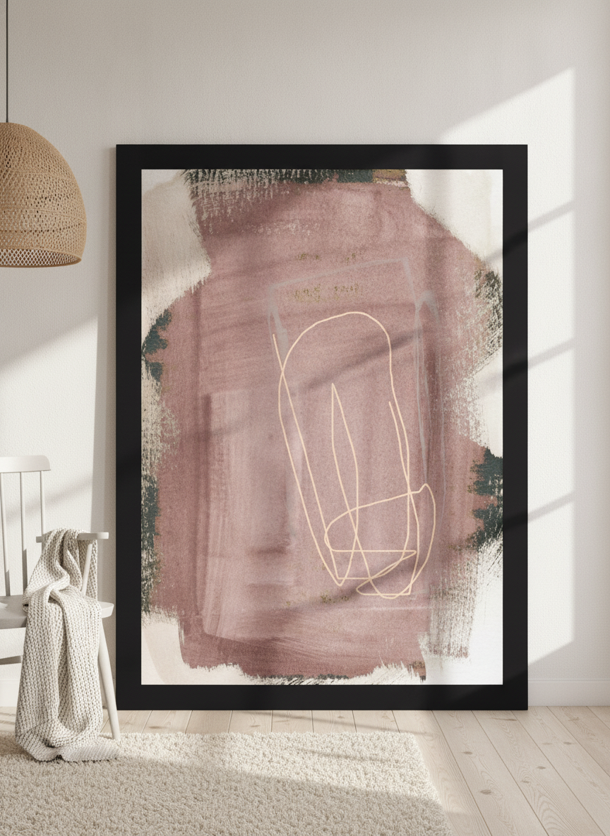 Oversized statement modern wall art print leaning against the wall in a bright Scandinavian living room
