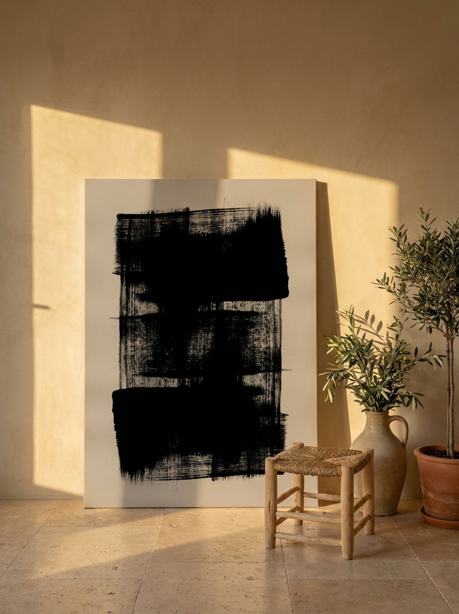 Stretched canvas wall art leaning against the wall in a Mediterranean bedroom