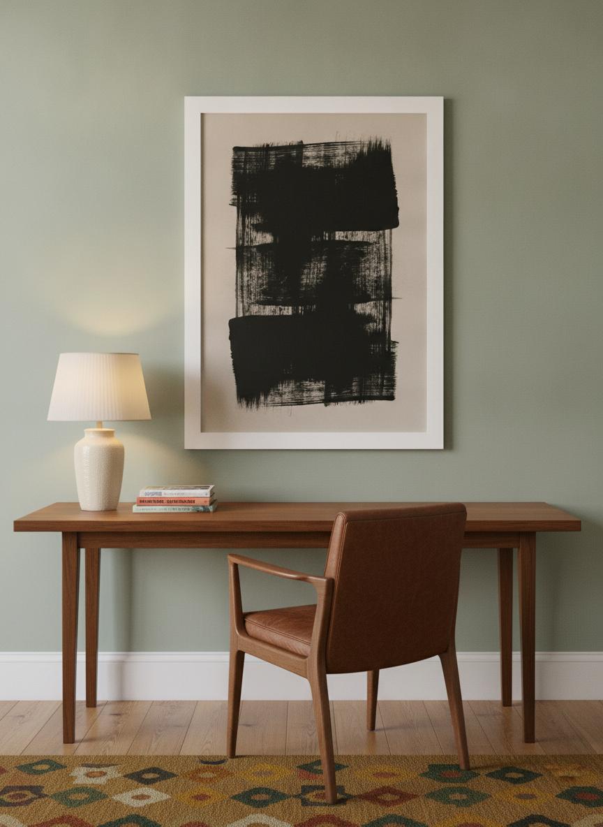 Modern wall art print styled on the wall in a mid-century home office