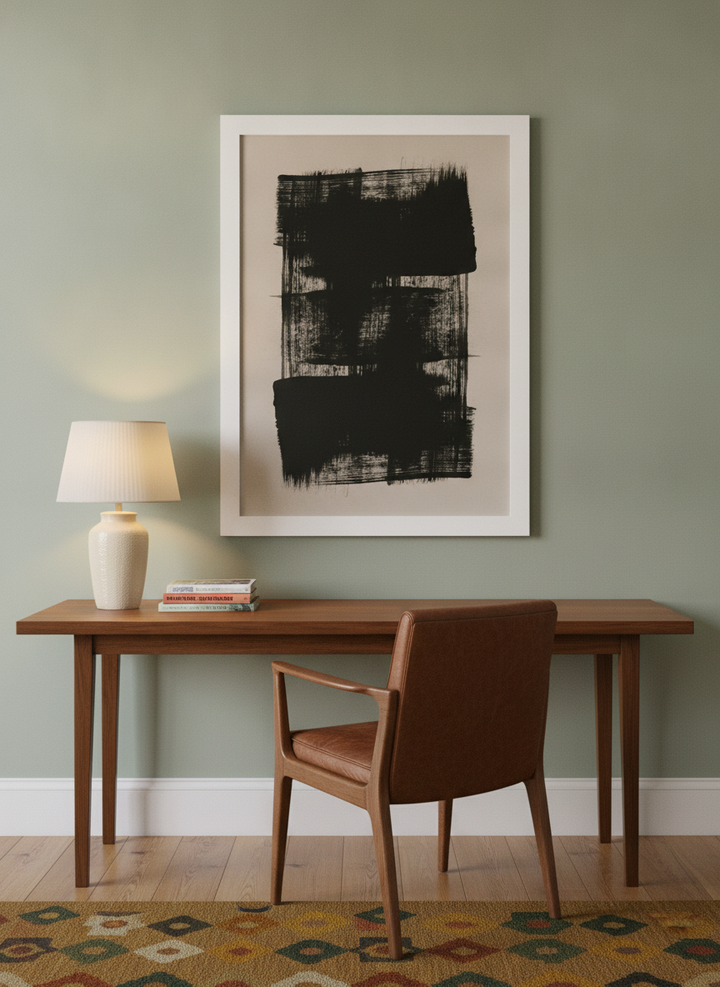 Modern wall art print styled on the wall in a mid-century home office