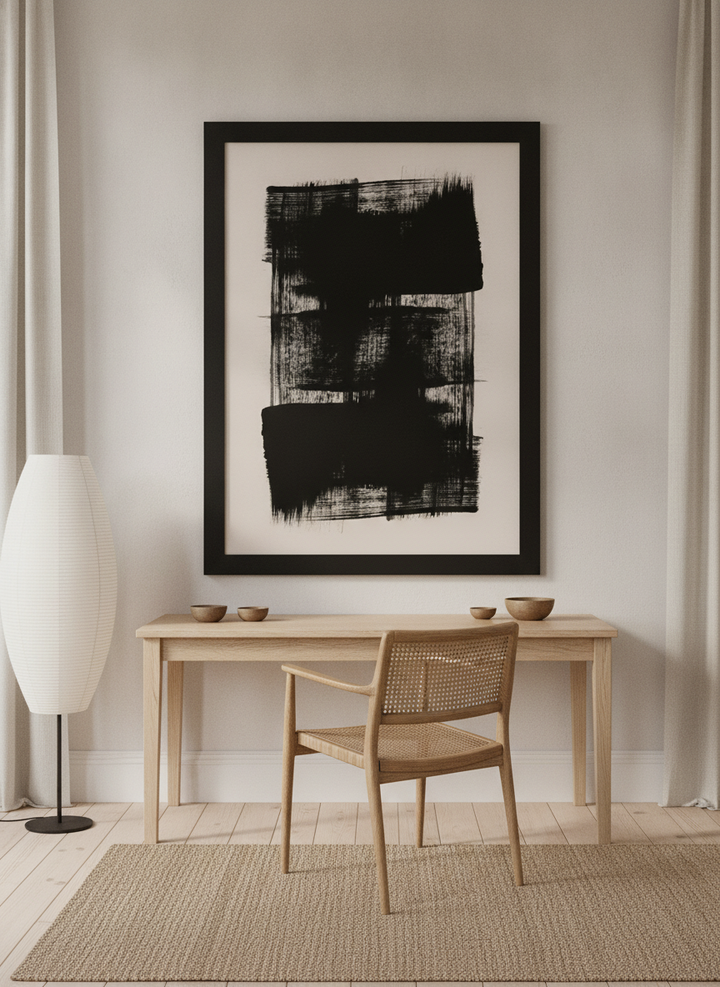 Oversized statement modern wall art print styled on the wall in a warm Japandi home office