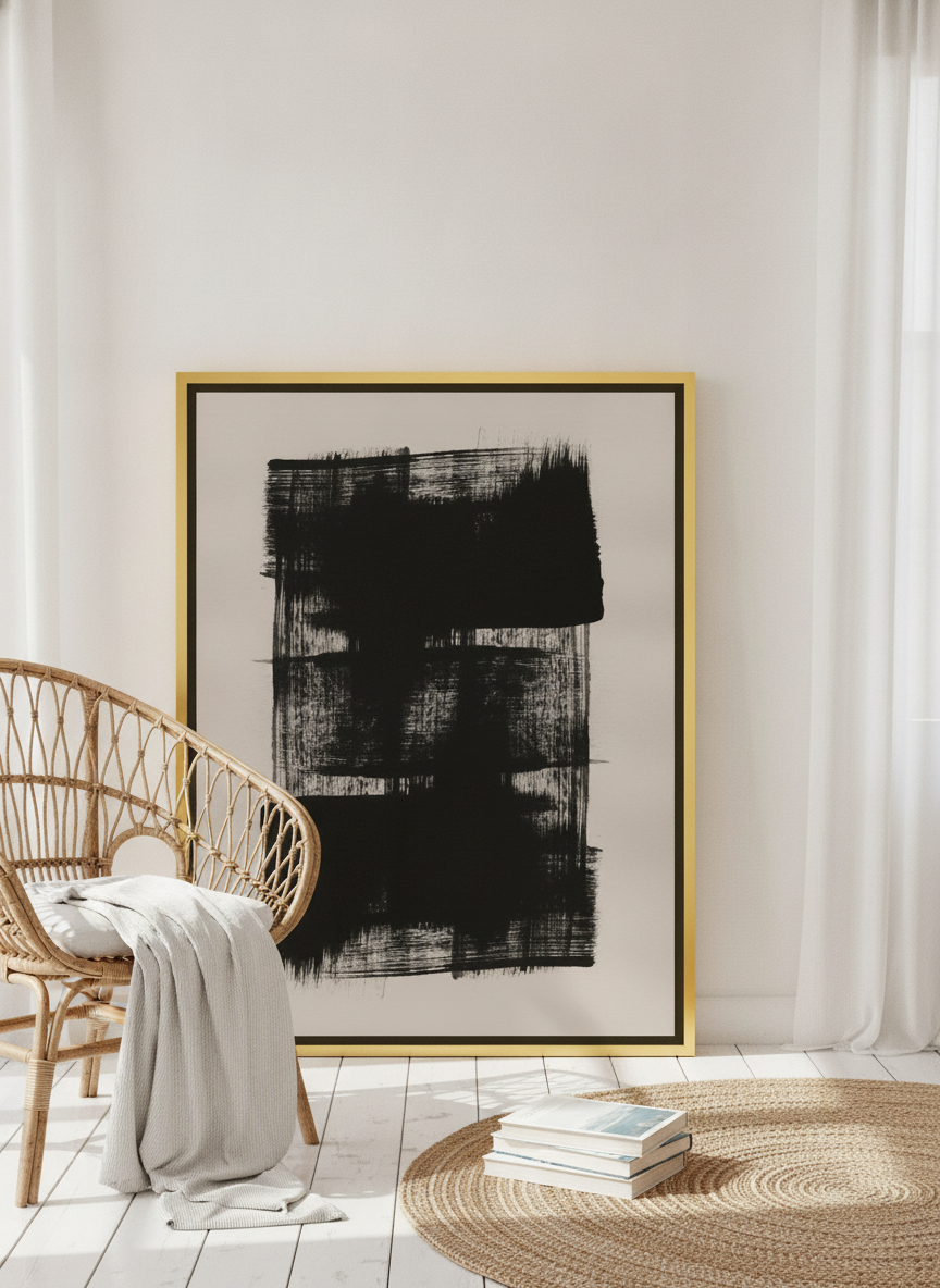 Canvas wall art with a gold leaf surround leaning against the wall in a coastal bedroom