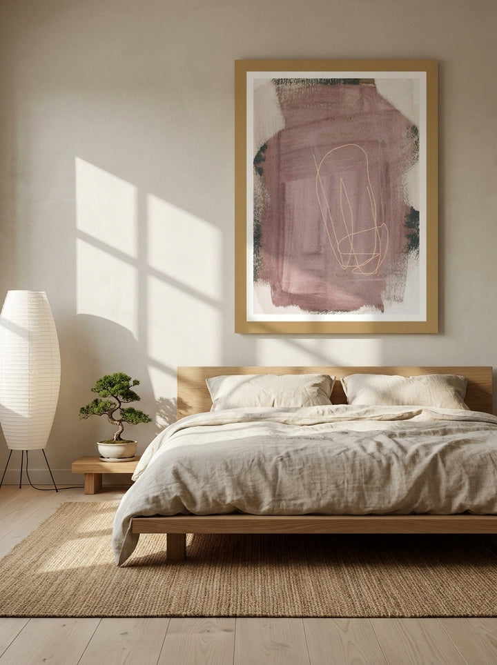 Modern wall art print styled on the wall in a warm Japandi bedroom