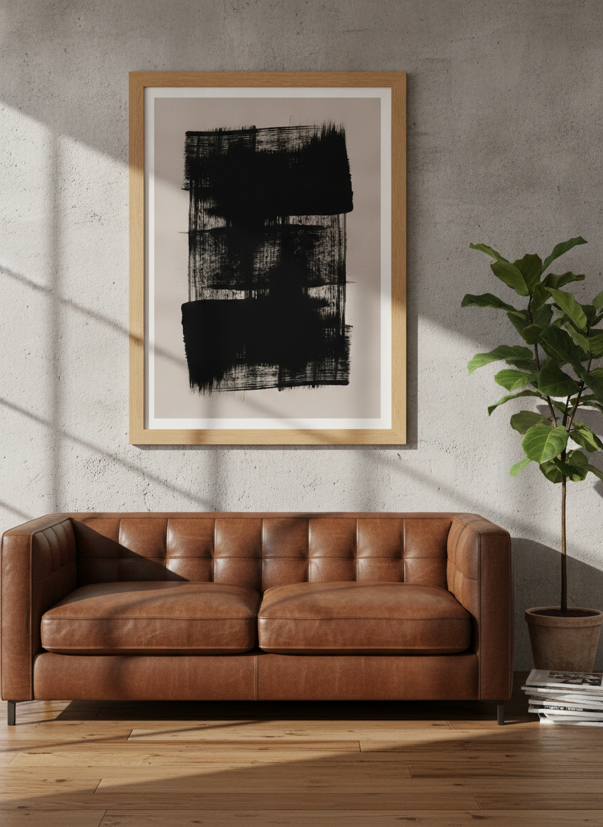 Modern wall art print styled on the wall in an industrial loft living room