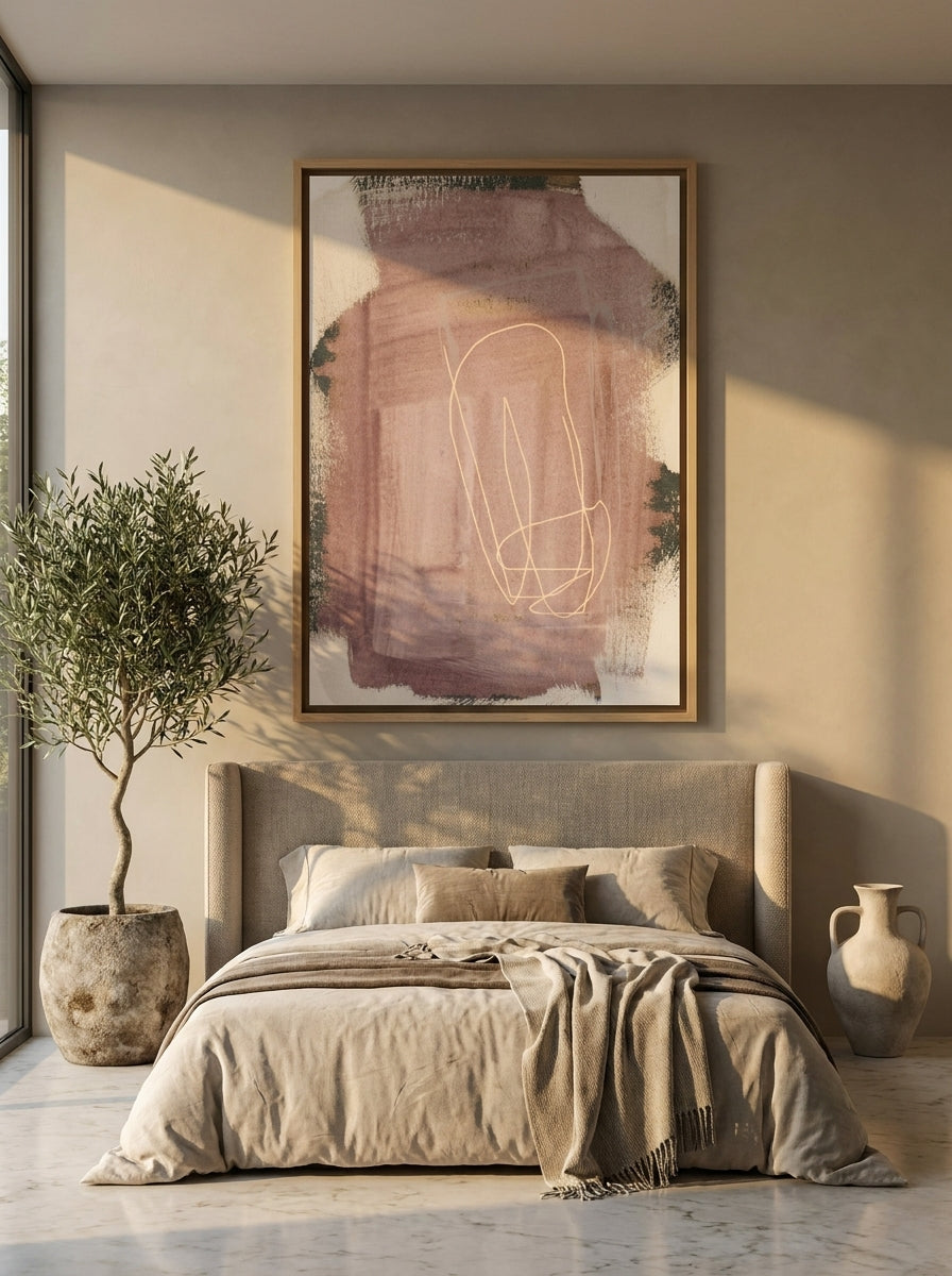 Oversized statement canvas wall art with a natural timber surround styled on the wall in a luxe bedroom