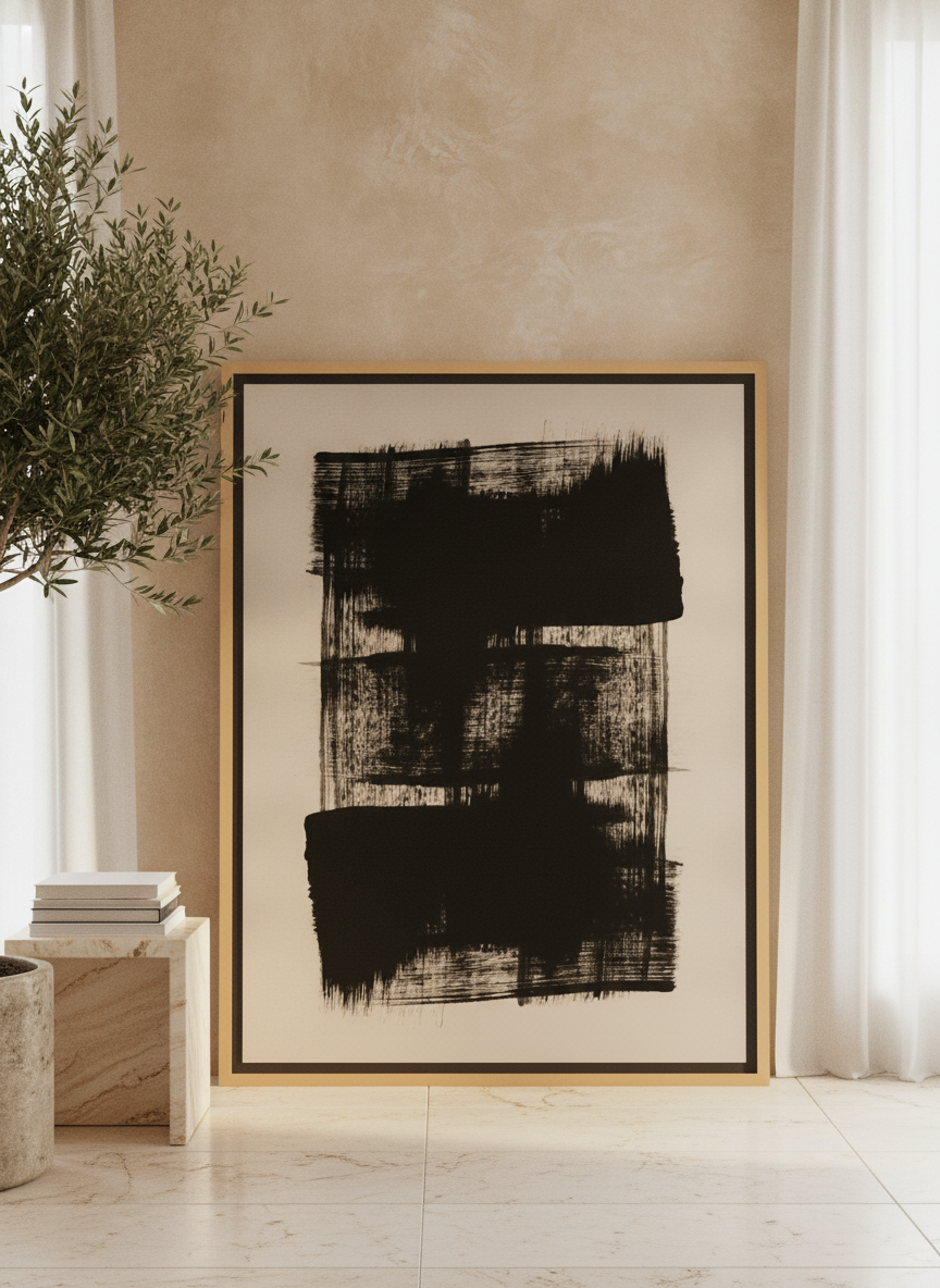 Oversized statement canvas wall art with a natural timber surround leaning against the wall in a luxe living room