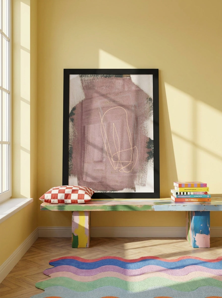 Modern wall art print standing on a side table in a colourful eclectic bedroom