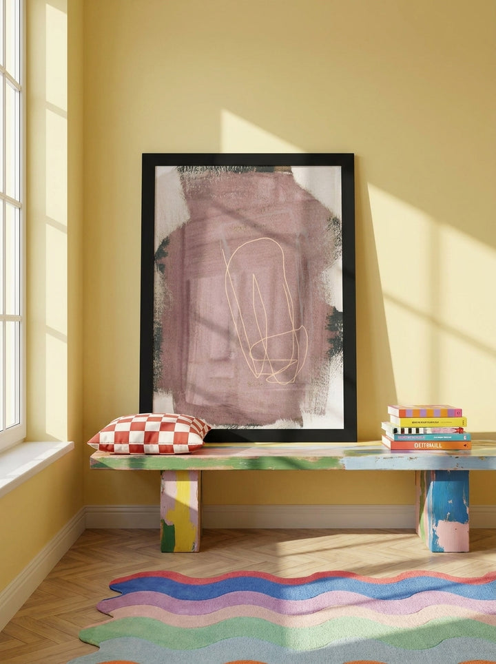 Modern wall art print standing on a side table in a colourful eclectic bedroom