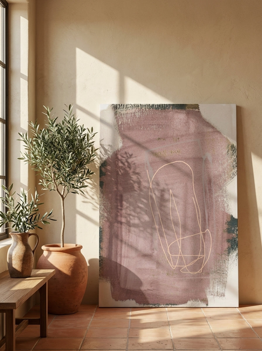 Stretched canvas wall art leaning against the wall in a Mediterranean home office