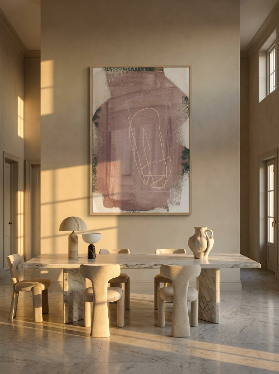 Oversized statement modern wall art print styled on the wall in a luxe dining room