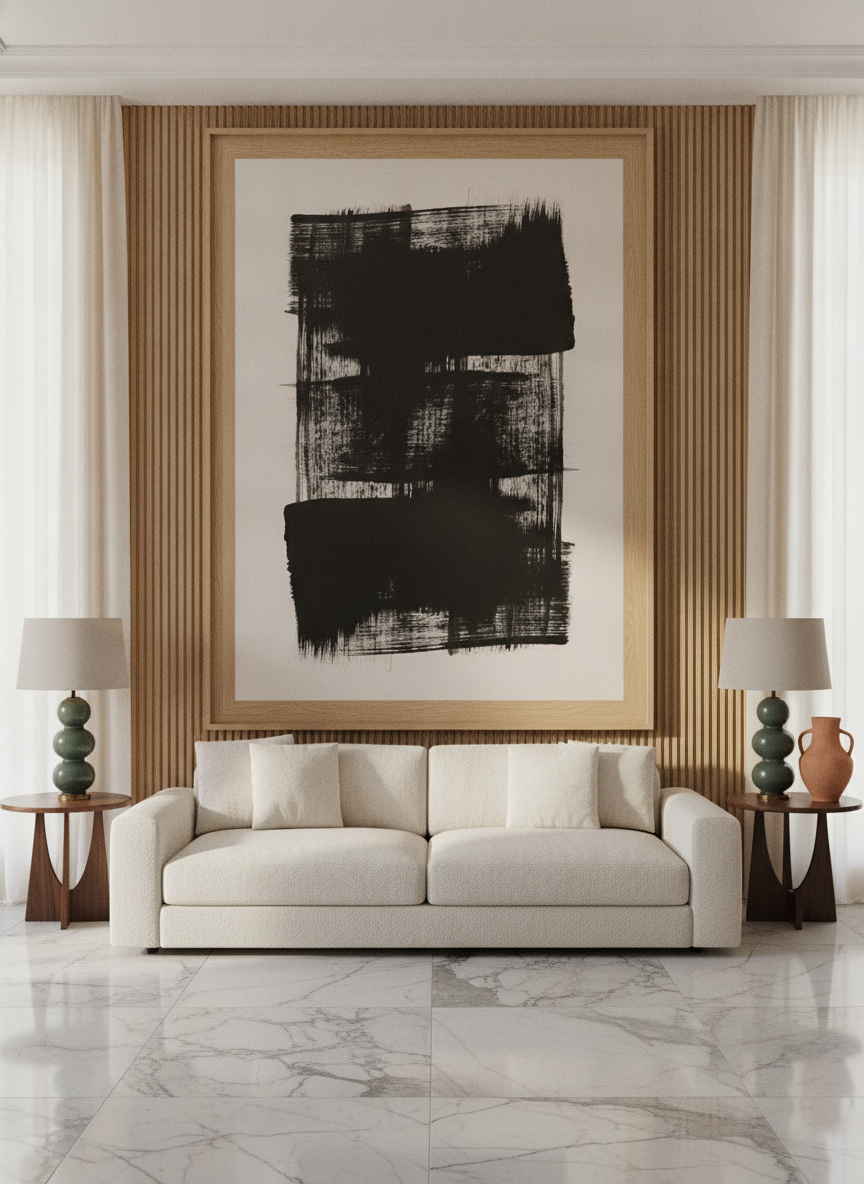 Oversized statement modern wall art print styled on the wall in a luxe living room
