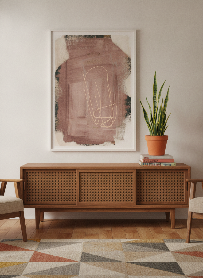 Modern wall art print styled on the wall in a mid-century living room