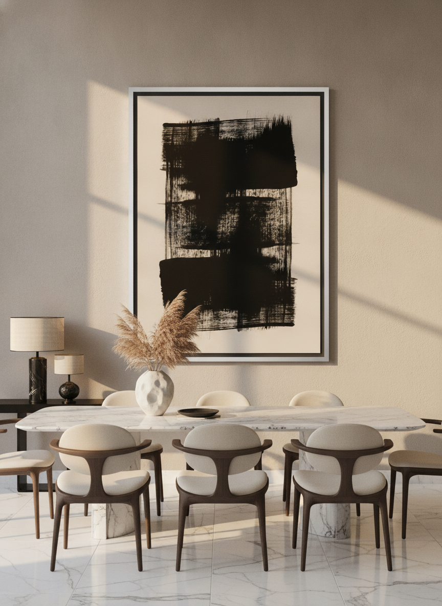 Oversized statement canvas wall art with a silver leaf surround styled on the wall in a luxe dining room