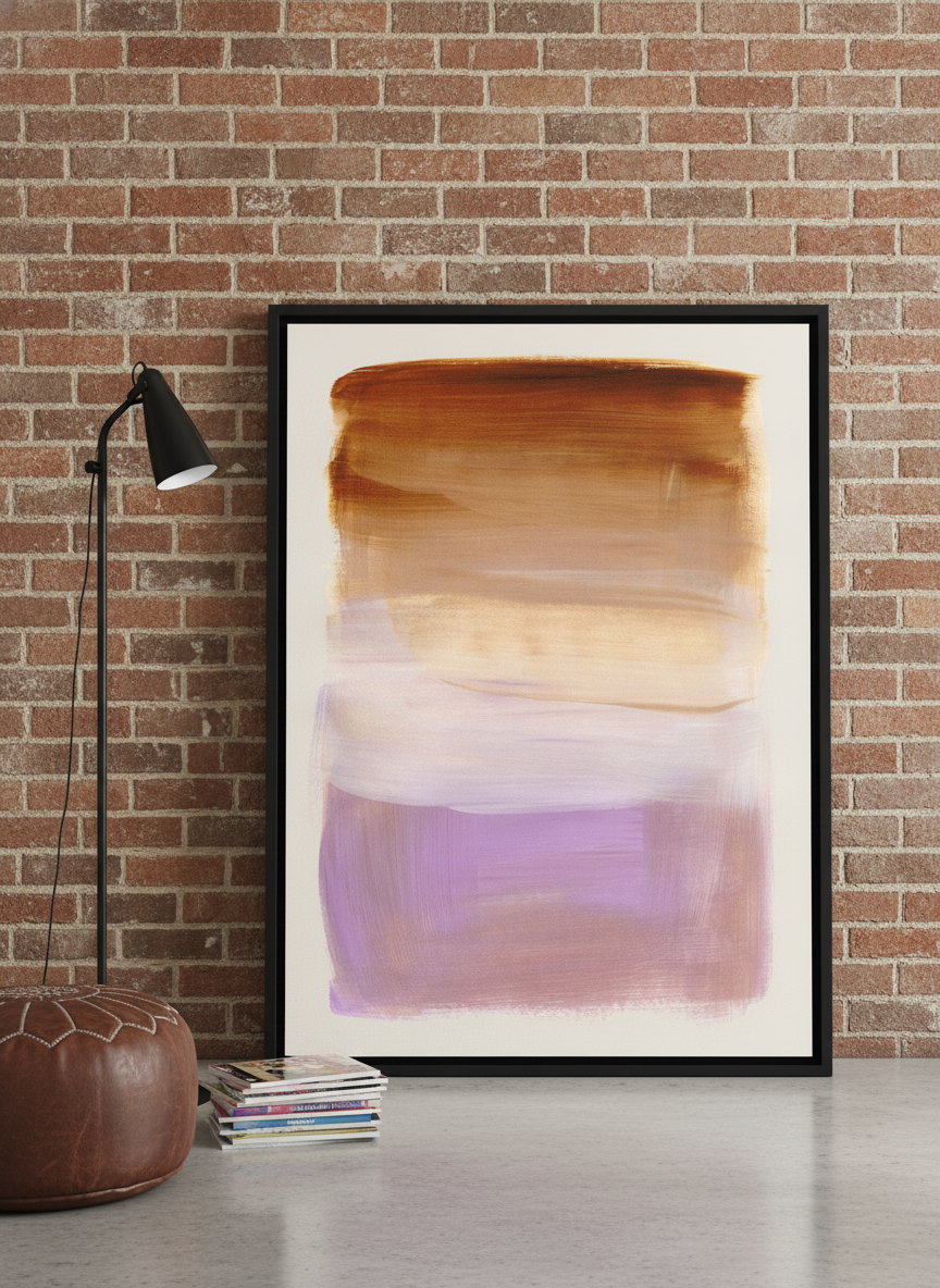 Canvas wall art with a black surround leaning against the wall in an industrial loft living room