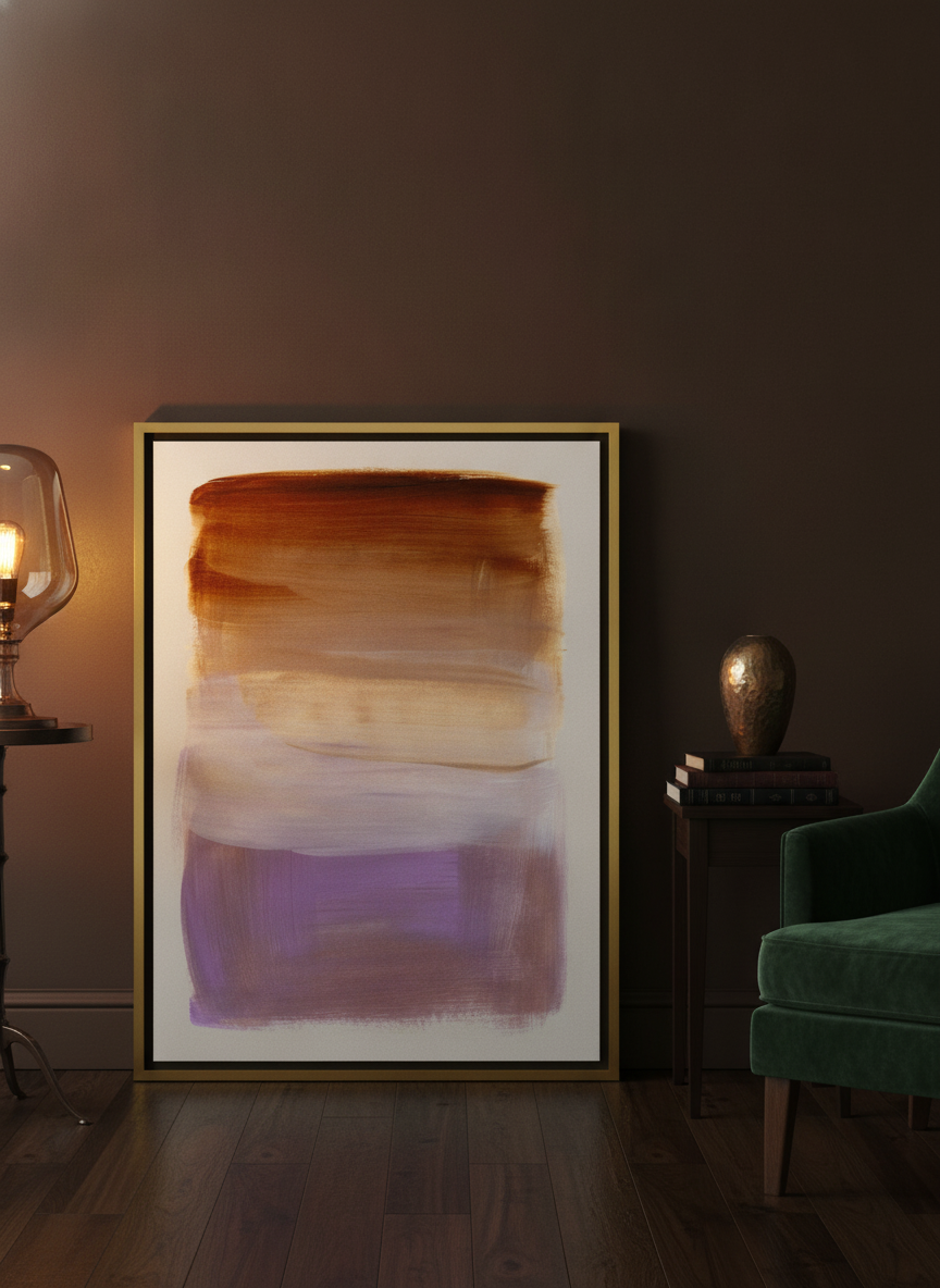 Canvas wall art with a gold leaf surround leaning against the wall in a moody home office