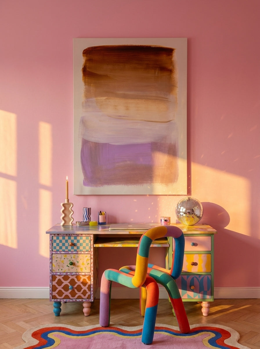 Stretched canvas wall art styled on the wall in a colourful eclectic home office