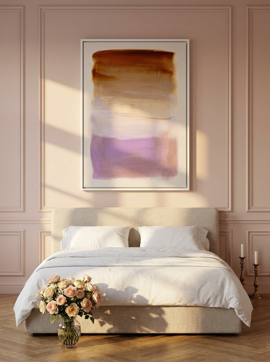 Canvas wall art with a white surround styled on the wall in a Parisian bedroom