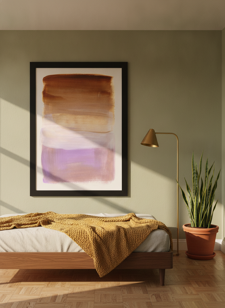 Oversized statement modern wall art print styled on the wall in a mid-century bedroom