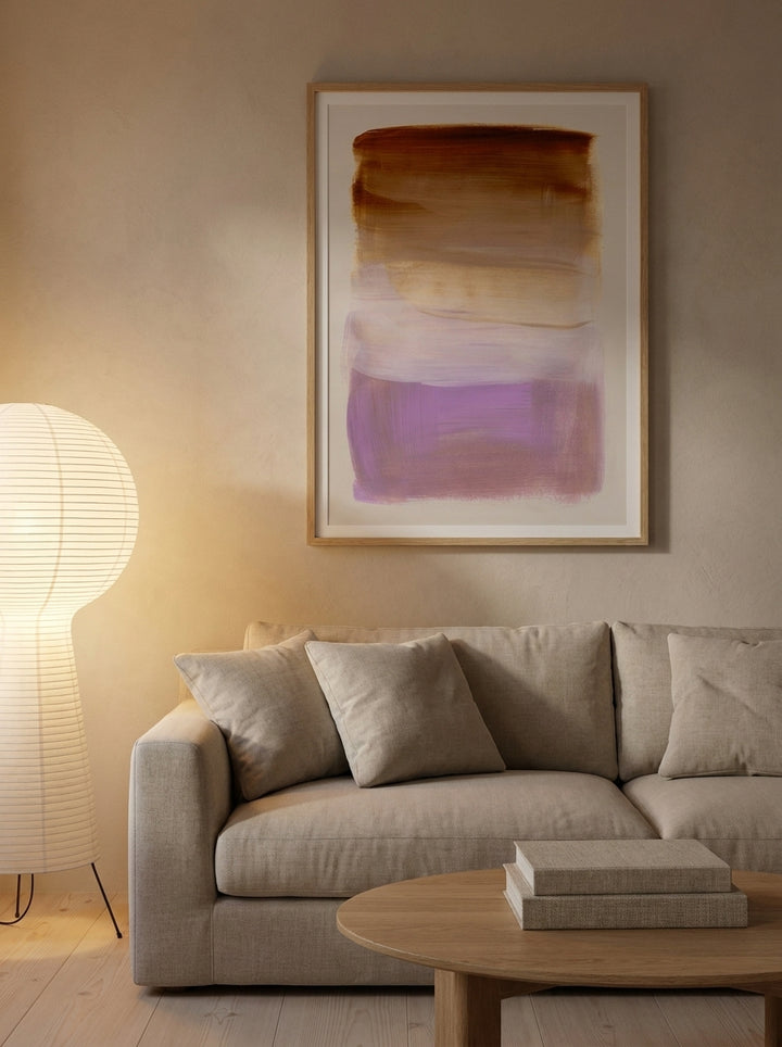 Modern wall art print styled on the wall in a warm Japandi living room