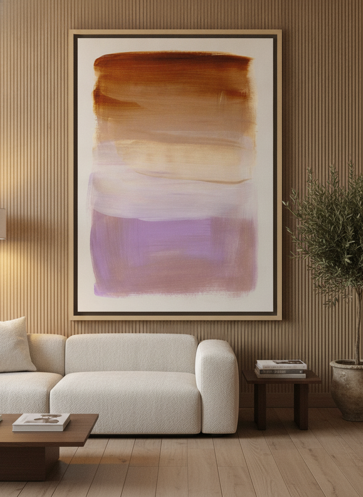 Oversized statement canvas wall art with a natural timber surround styled on the wall in a luxe living room