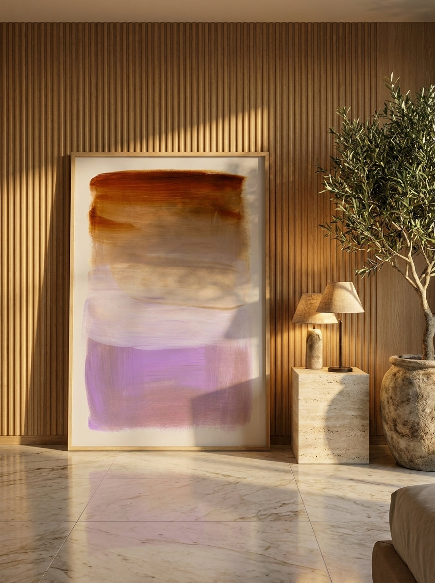 Oversized statement modern wall art print leaning against the wall in a luxe bedroom