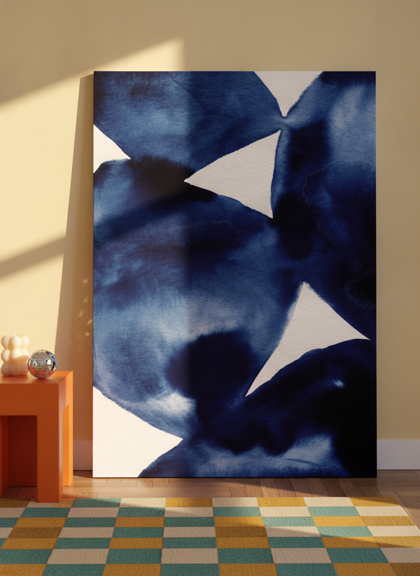 Stretched canvas wall art leaning against the wall in a colourful eclectic home office