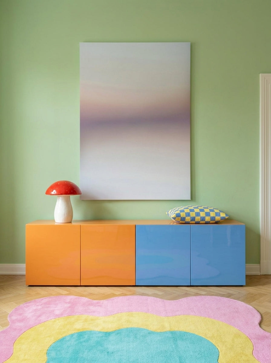 Stretched canvas wall art styled on the wall in a colourful eclectic living room
