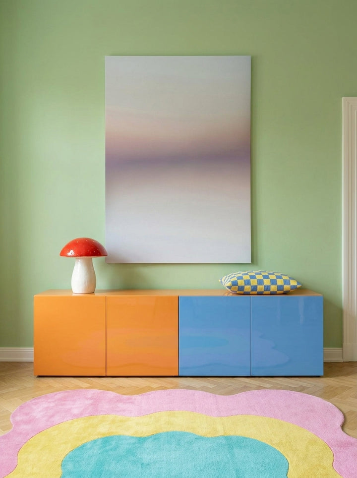 Stretched canvas wall art styled on the wall in a colourful eclectic living room