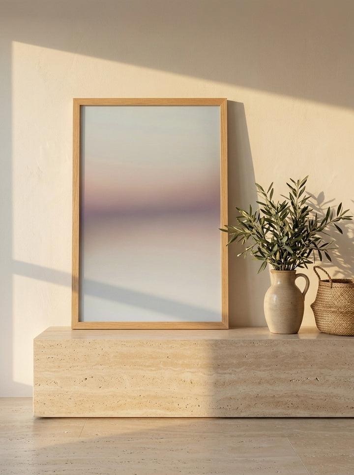 Modern wall art print standing on a console in a Mediterranean home office