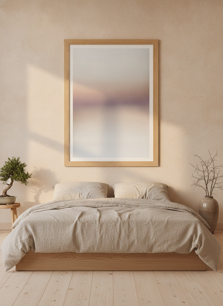 Modern wall art print styled on the wall in a warm Japandi bedroom