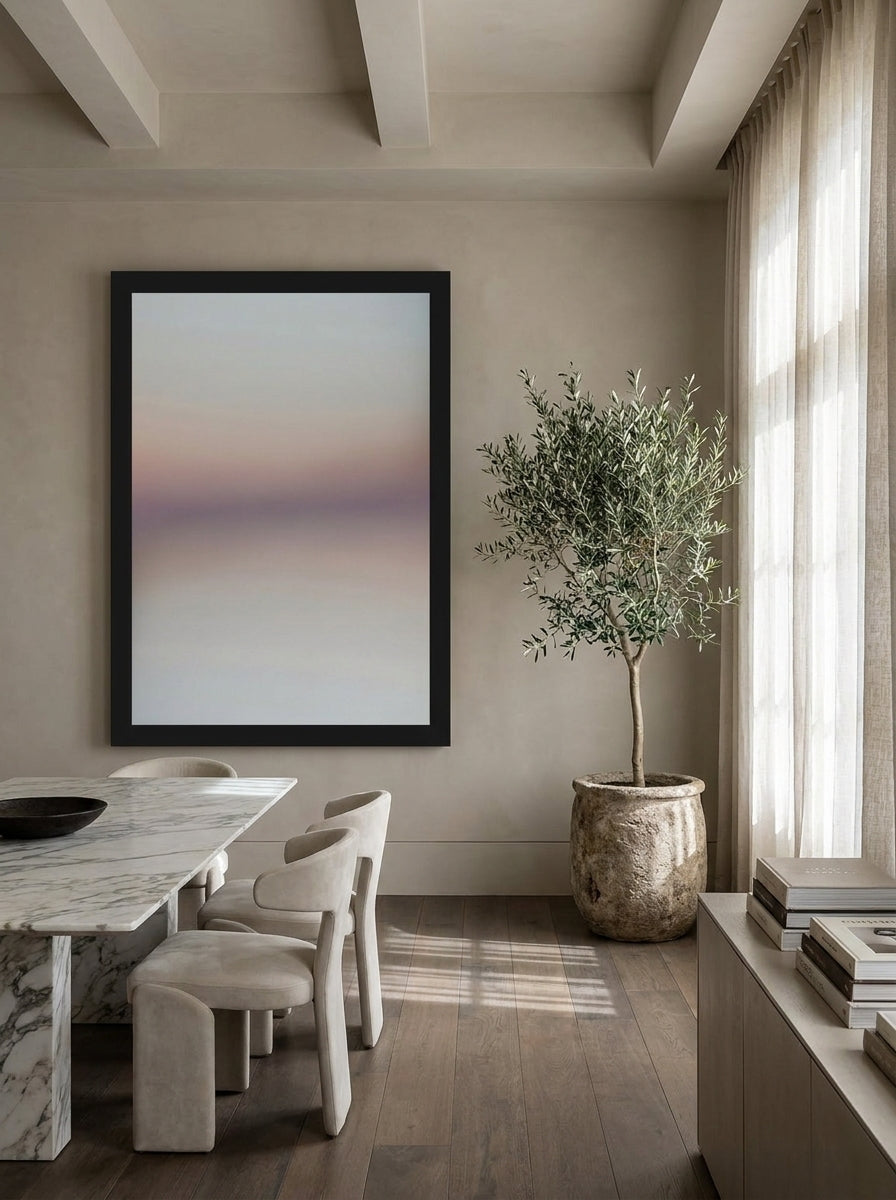Oversized statement modern wall art print styled on the wall in a luxe dining room