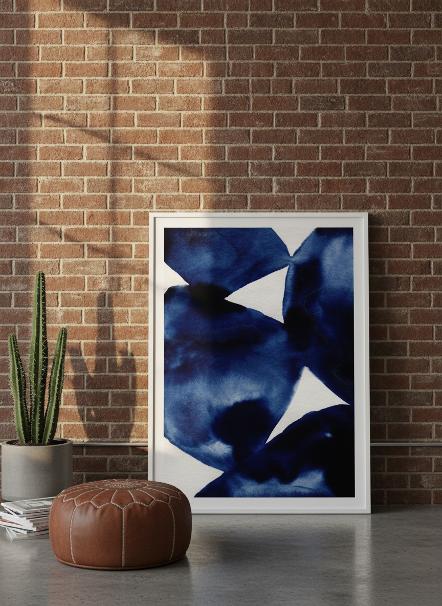 Modern wall art print leaning against the wall in an industrial loft bedroom