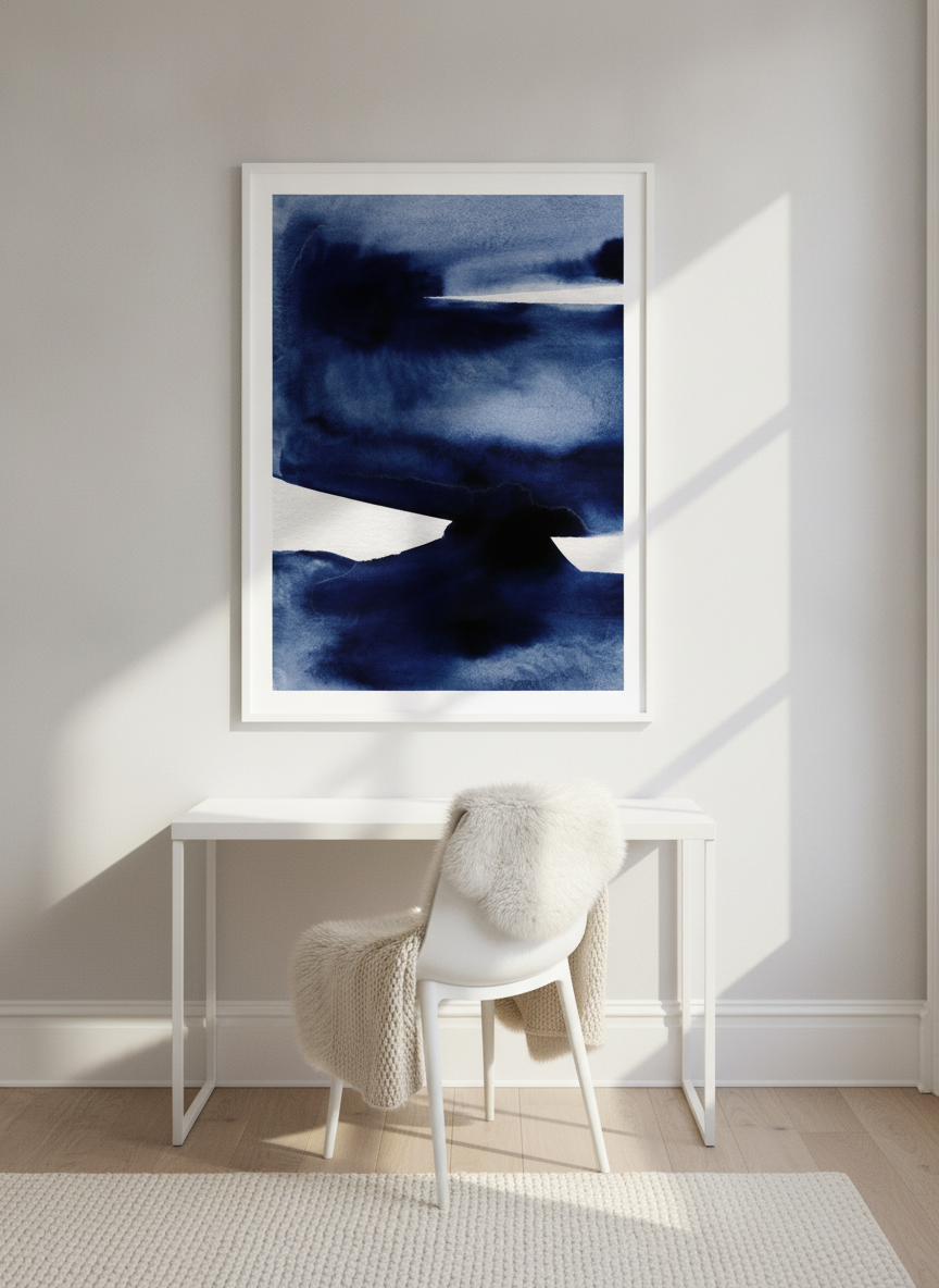 Modern wall art print styled on the wall in a bright Scandinavian home office