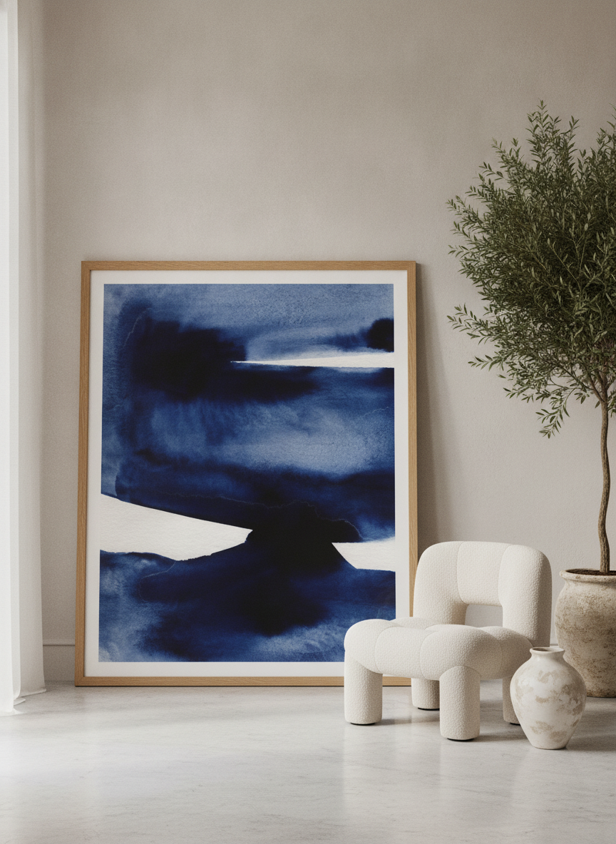 Oversized statement modern wall art print leaning against the wall in a luxe bedroom