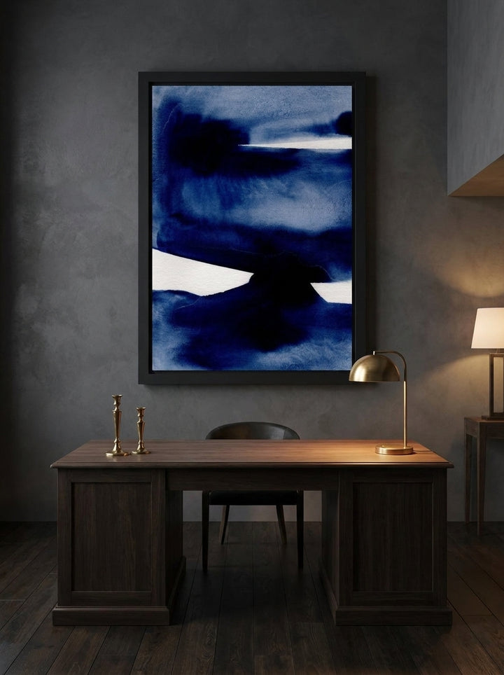 Oversized statement modern wall art print styled on the wall in a moody home office